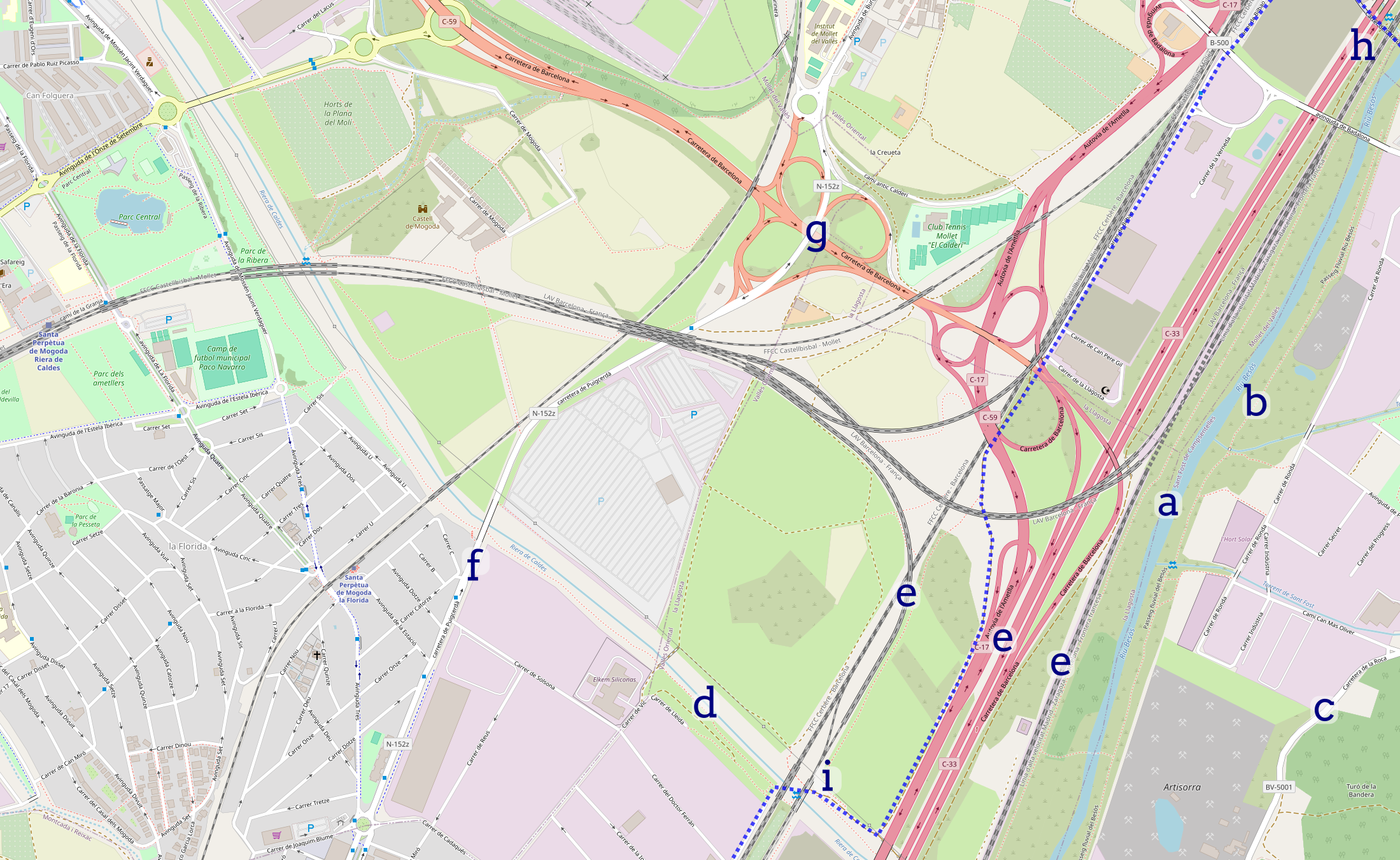 Street map centered on the C-17, C-33, C-59 interchange between La Llagosta and Mollet del Vallès with various features labeled a through i.